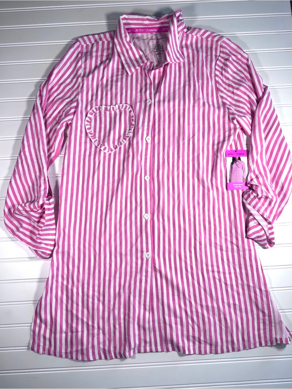 Woman’s Pink Stripe Button-Front Swim Cover Up with Heart Pocket